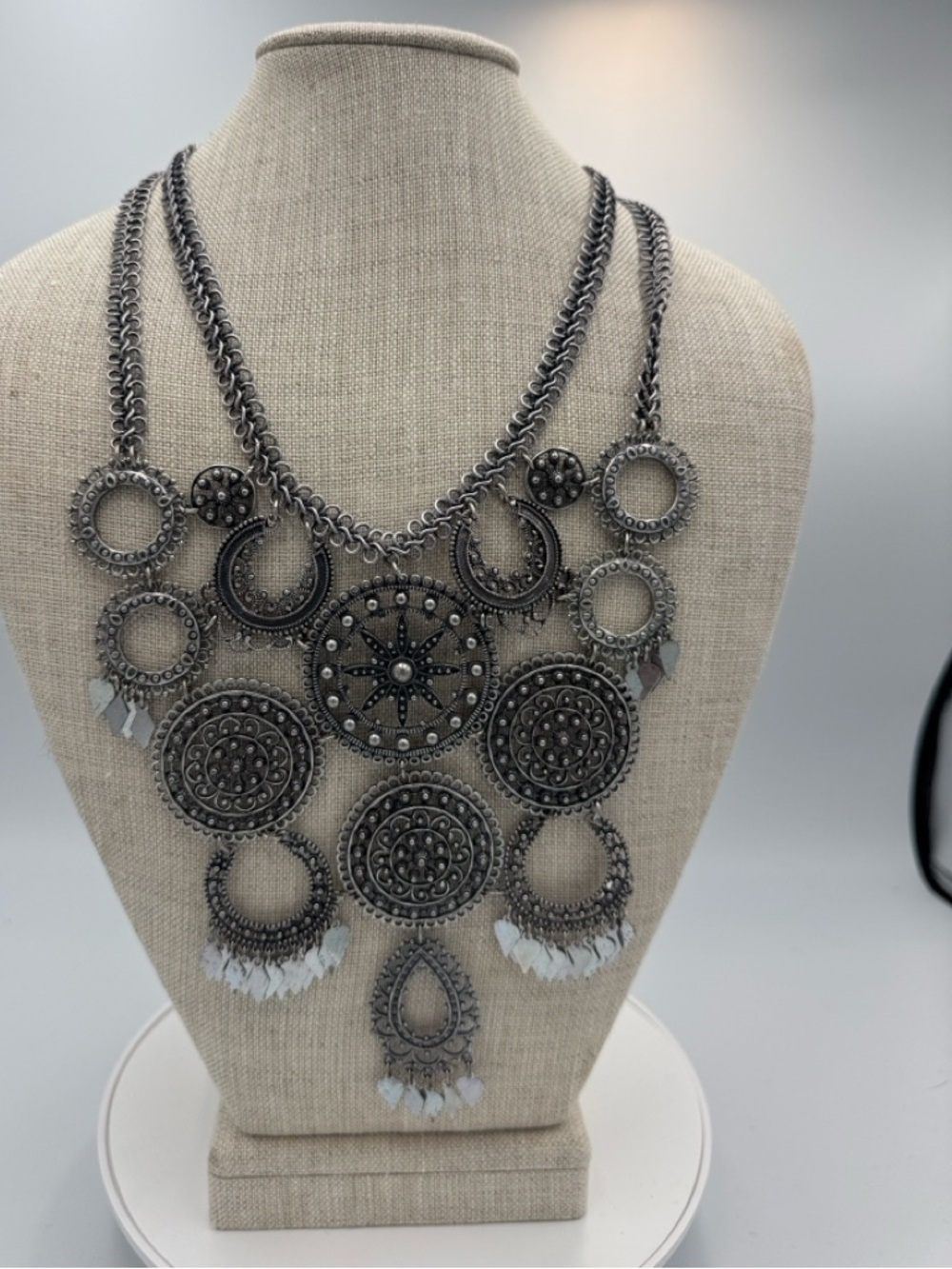 Chico's Oxidized Silver-Tone Medallion Fringe Statement Necklace